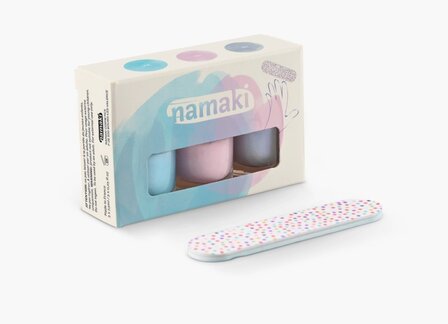 Namaki, doosje met drie afpelbare nagellakjes - Frosted Blue, Pale Pink, Bluish Silver - vegan